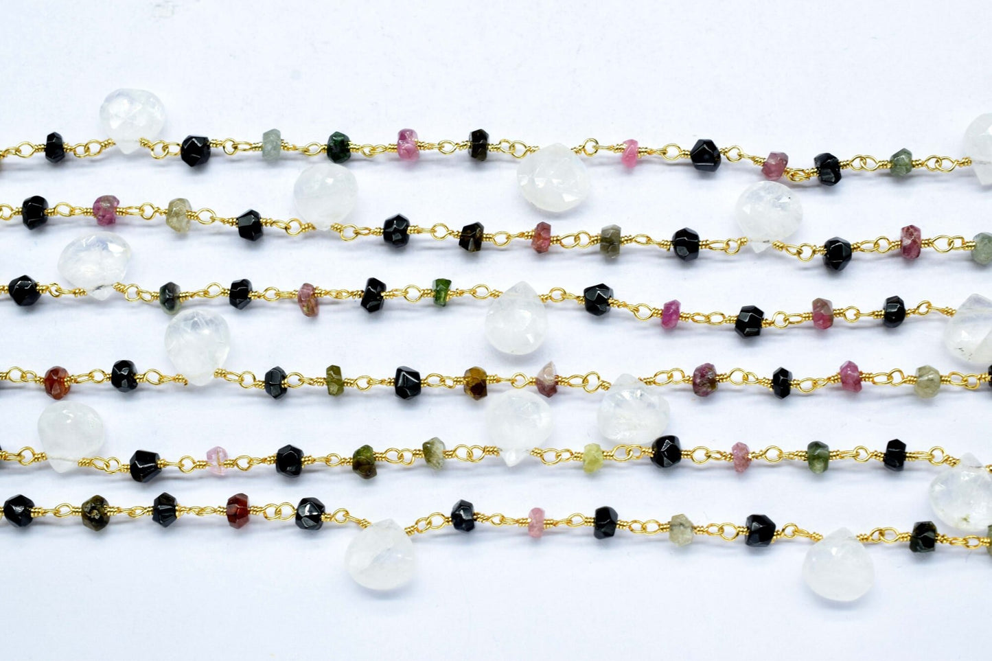 Pink Tourmaline 3mm Beaded & moonstone Heart shape Chain,Beaded Wire Wrapped Gemstone Beads,Faceted Rosary Chain,Gems Rosary Style,handmade