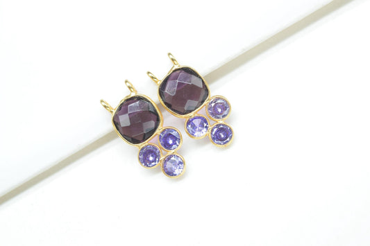 Amethyst Quartz 8mm Cushion shape Bezel charms,Amethyst Pendant,Purple Gemstone connector,Amethyst Jewelry,Cubic zirconia Bezel charm,p001