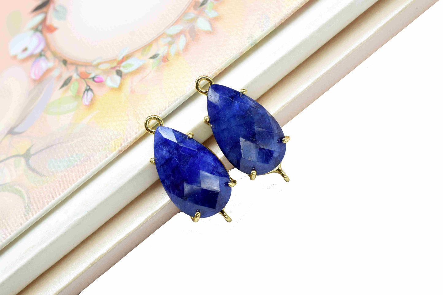 Blue Sapphire Pendants,Prong Set Bezel,Sapphire Bezel Pendants,double bail connectors,Sapphire jewelry,Handmade Gemstone Bezel Connector