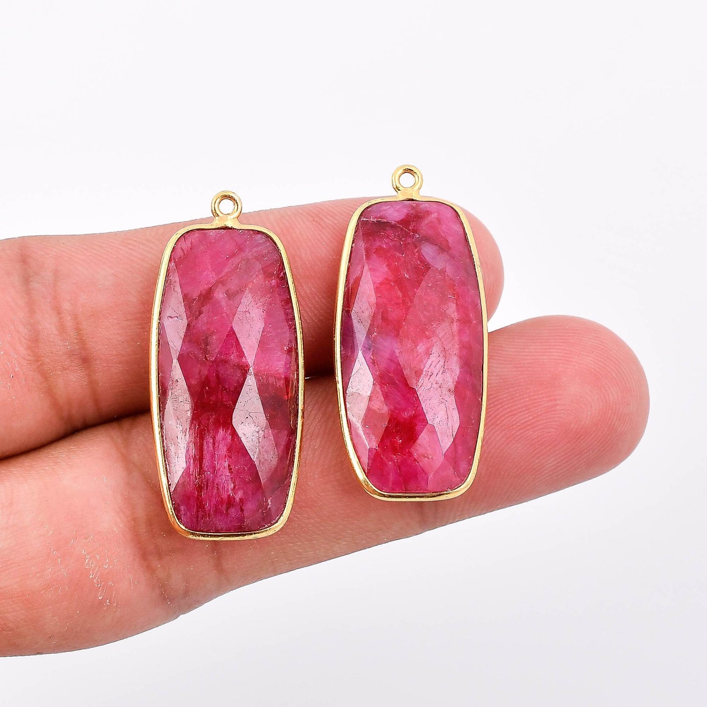 Genuine Ruby 14x28mm Bezel Charm Pendant,Rectangle Shape Gold Plated bezel,Gold Vermeil Bezel, jewelry making charm,Gold-Filled bezel charm