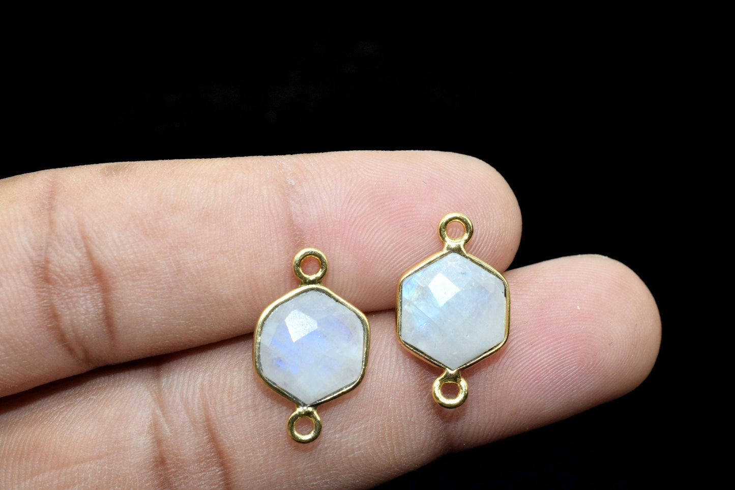 Moonstone 10mm Hexagon shape Double loop connectors,Moonstone Pendant,White Rainbow bezel link,Gemstone Hexagonal Cone Charm,Minimal Stone
