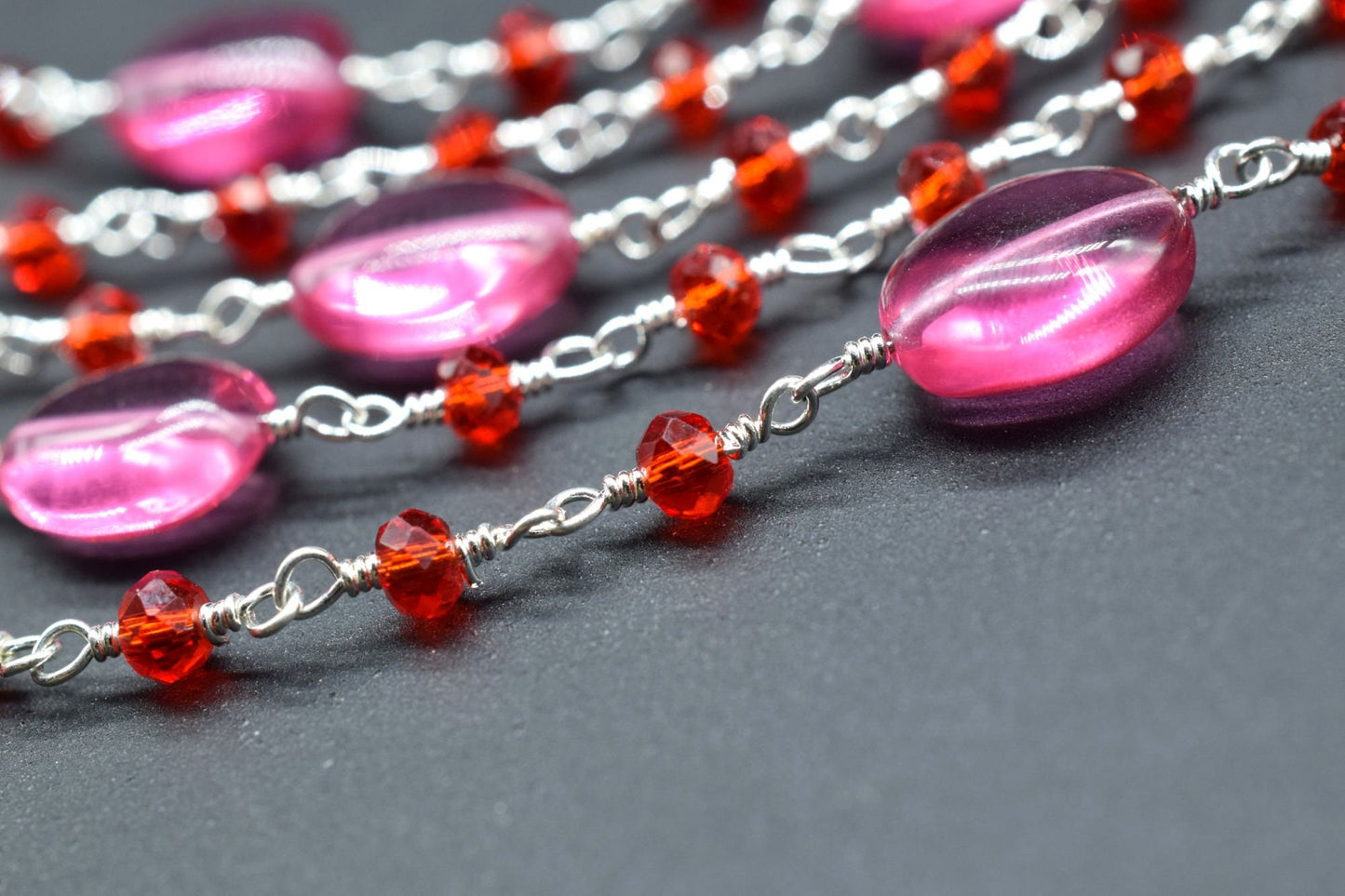 Natural Pink chalcedony Smooth Oval Rosary Style Beaded Chain,Gold Plated Wire Wrapped Chain,Gemstone Linked Handmade Chain,Jewelry Making,