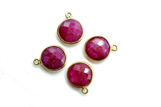 Natural Ruby 12mm charm,Ruby Pendant,Ruby Round Gold Plated bezel,Ruby Vermeil Bezel,Ruby jewelry making charm,Ruby Brass connector,Ruby