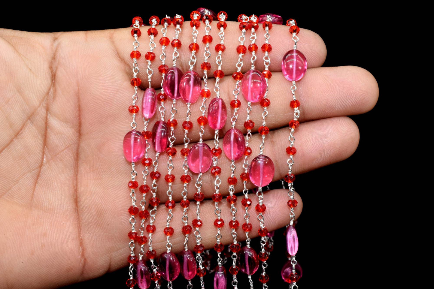 Natural Pink chalcedony Smooth Oval Rosary Style Beaded Chain,Gold Plated Wire Wrapped Chain,Gemstone Linked Handmade Chain,Jewelry Making,