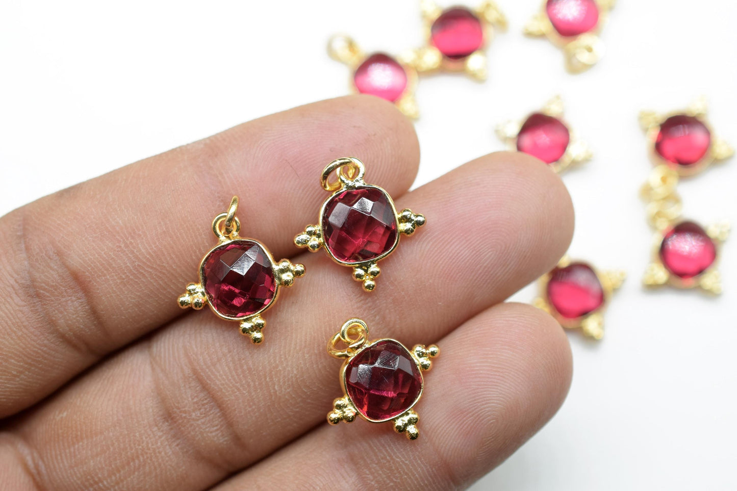 Pink Tourmaline 8mm Cushion Bezel charm/Station Bezel Link Supplies/Tourmaline Jewelry Making/Square Pendant//Gemstone Connector Pendant