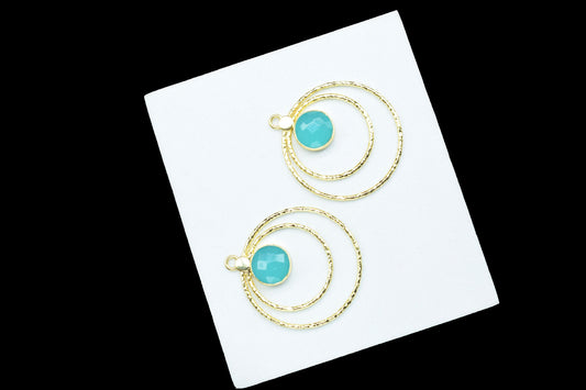 Aqua Chalcedony Round Bezel Connector,Aqua Earring Connector,Brass Textured Jewelry,Aqua Neacklace Pendant,Aqua Gemstone Jewelry,Mom's Gift