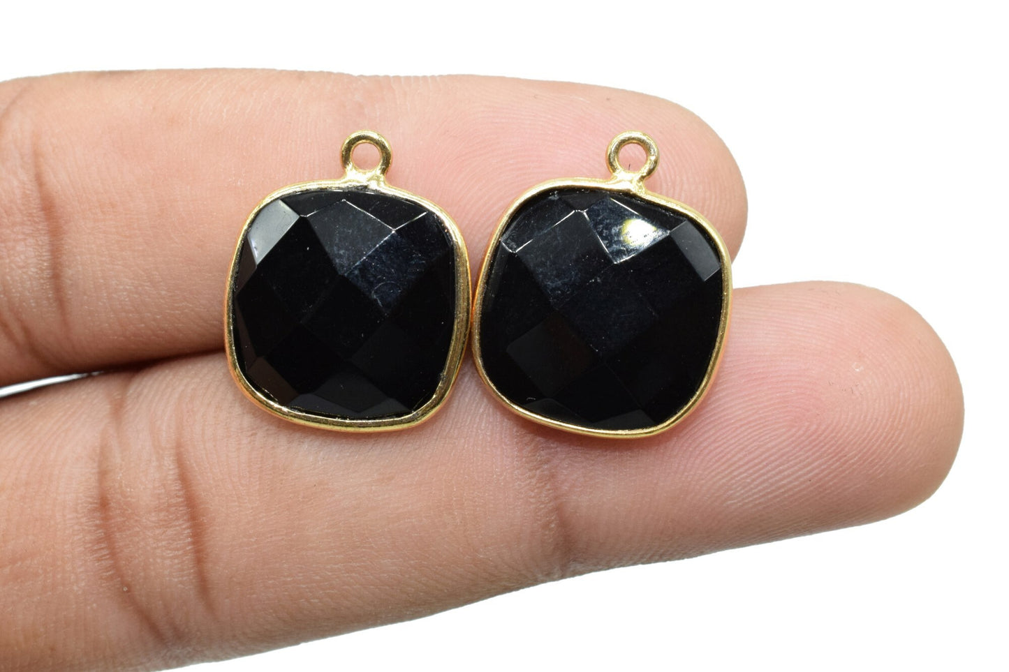 Black Onyx 14mm Cushion Bezel charm,Black Onyx Bezel Findings Cushion Charms,Black Onyx Cushion Shape Connector,Single Bail Loop Gold Plated