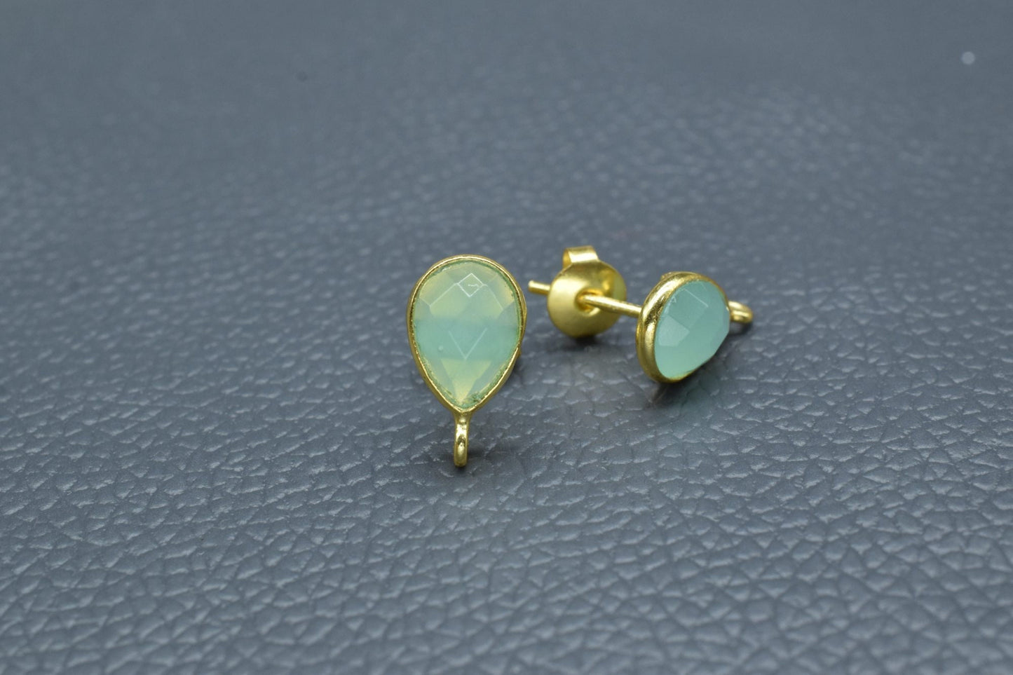 Aqua chalcedony7x10mm Teardrop shape Earring connector Stud post setting with loop open bail, Aqua chalcedony Gold Plated Earring With Loop