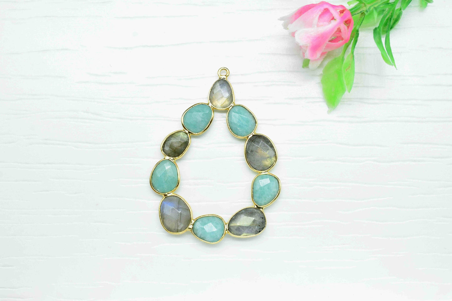 Multi Stone Faceted Gemstone Pendant,Labradorite Gold Plating Charm Jewelry,Mixed Gemstone Pendant,Amazonite Dual Stone Pendant Jewelry,Gift