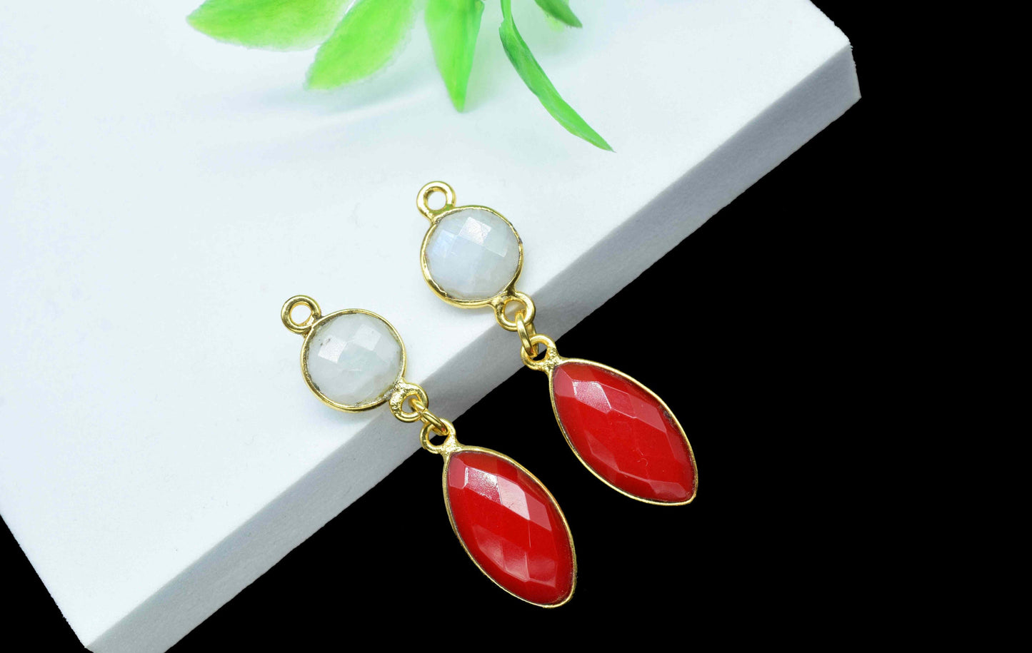 Red Coral Component pendant,Multi Gemstone Dangle Earring,Moonstone Connector jewelry,Dangle pendant Charm,Handmade Station Bezel Link,Gift