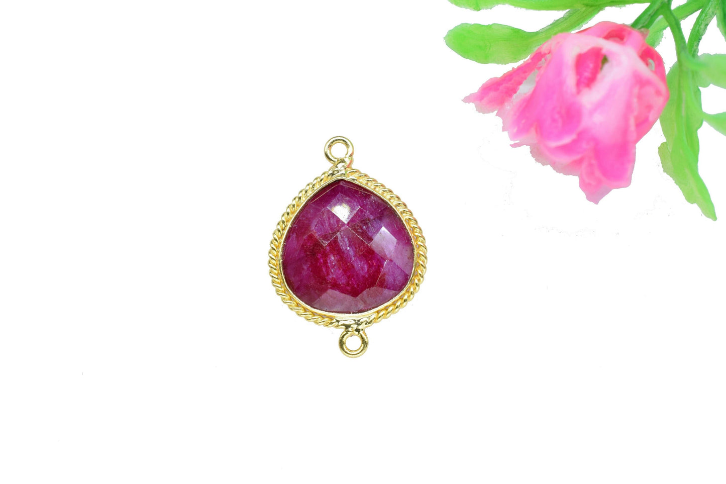Ruby Faceted Gemstone 14mm heart shape Connectors,Ruby Gold Plating Double bail Pendant Jewelry making,Ruby Gemstone link Connector Jewelry