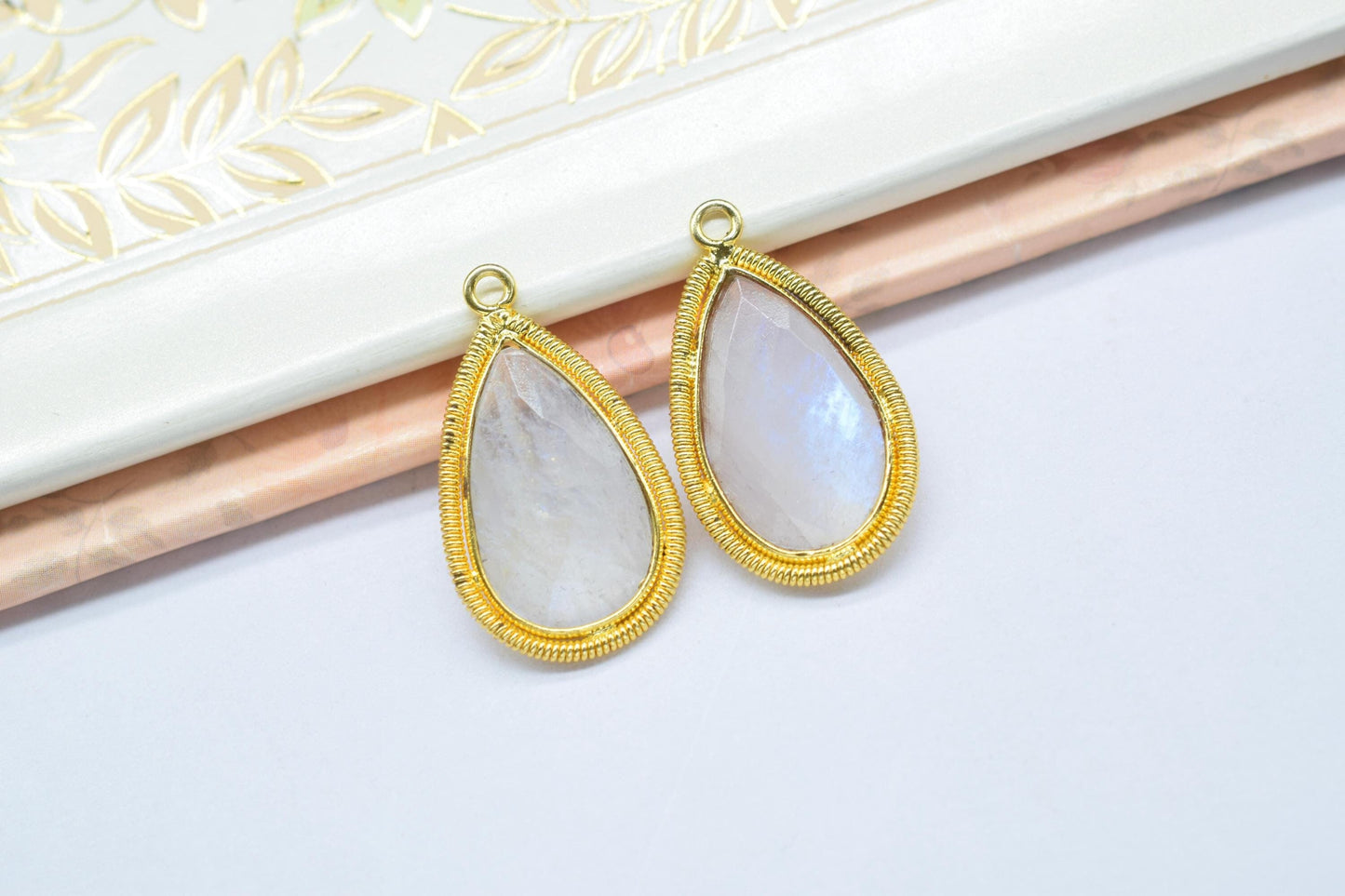 Moonstone 12X20mmmm Bezel Charms,Gemstone Bezels,Boho Pendant Charms,Single Bail Pendant,Handmade Brass Pendant,Bezel Connectors,B'day Gift