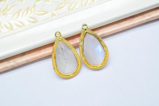 Moonstone 12X20mmmm Bezel Charms,Gemstone Bezels,Boho Pendant Charms,Single Bail Pendant,Handmade Brass Pendant,Bezel Connectors,B'day Gift