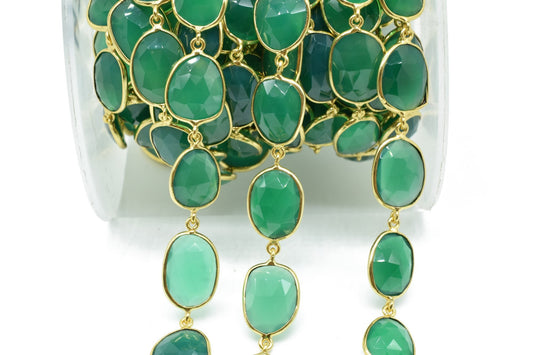 Natural Green Onyx Faceted Bezel Connector Station Link Chain,Green Onyx Free form Size Connector Chain,Bezel Connector Chain,Bracelet Chain