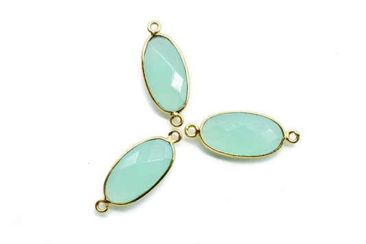Aqua chalcedony 10x20mm double bail connectors,chalcedony Oval pendant,Gemstone connectors,Brass charm,Gold plated charms,Jewelry supplies
