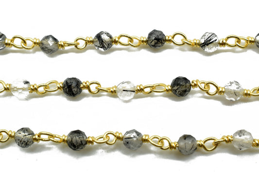 Black rutile 3mm Beaded Chain,Black Rutile Gemstone Rosary Chains, Tourmalated Quartz 3mm Faceted Beads,Rutile Wire Wrapped Rosary Chains