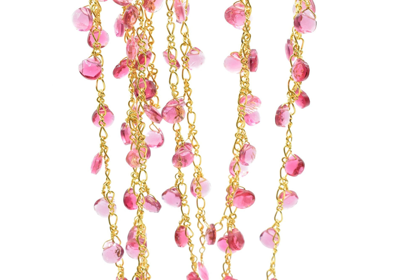 Pink Tourmaline 6mm Heart shape Briolette Chain,Beaded Wire Wrapped Fuchsia Diamond Cut Gemstone Bead,Faceted Rosary Chain,Gems Rosary Style