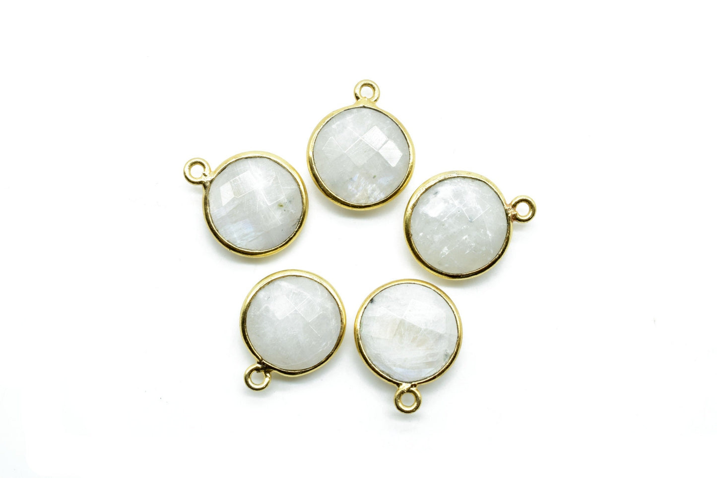 Moonstone 12mm Round charm,Moonstone Pendant,Round Gold Plated bezel,Moonstone Single Bail connectors,Moonstone Brass connectors,Moonstone