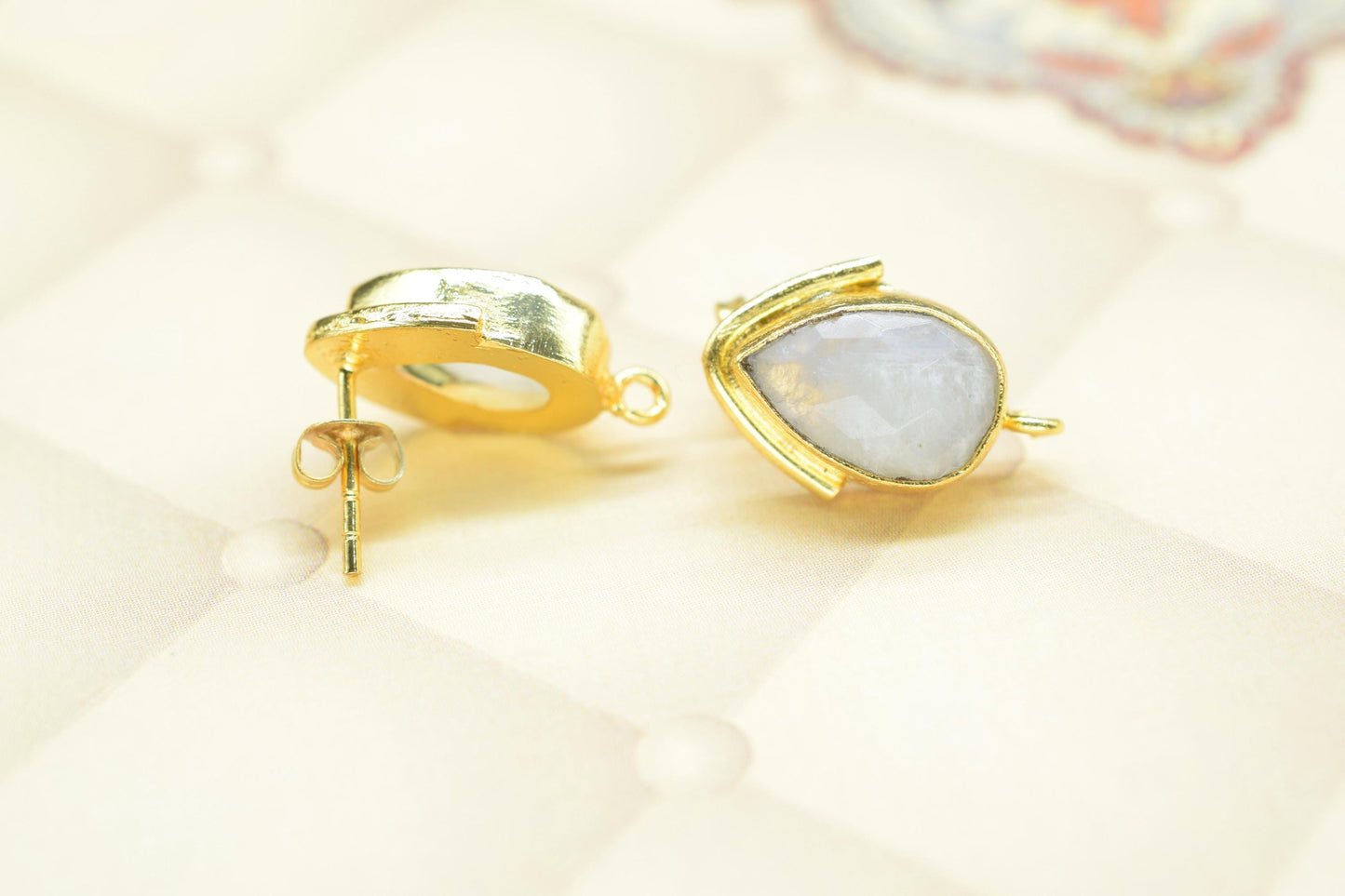 Moonstone Studs Connector/Gold Plated Earring/Handmade Studs/Bezel Set Studs/Teardrop Earring/Women Jewelry/Connector Studs/B'day Gift