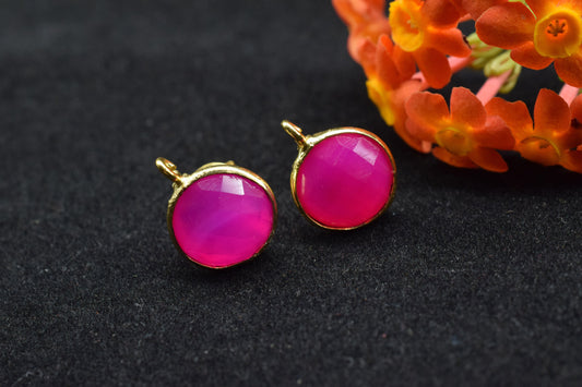 Pink Chalcedony 10mm Earring connector Stud post setting with loop hoop open bail,Hot Pink Chalcedony Round Gold Plated Earring With Loops