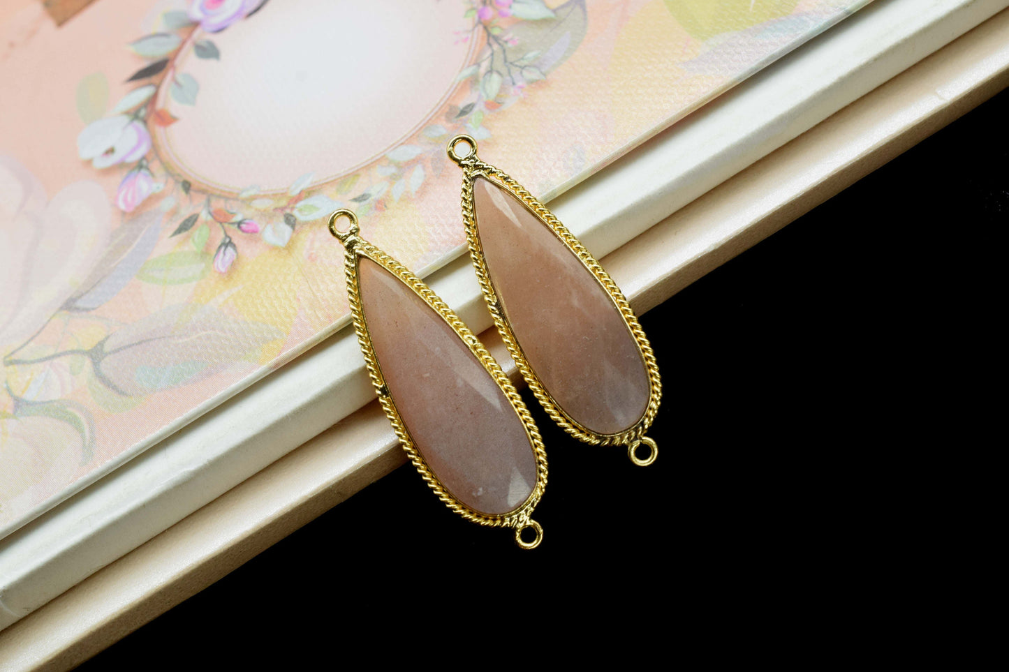 Peach Moonstone Faceted 10x30mm Teardrop Charms,Peach Moonstone Pendant Jewelry,Peach Moonstone Double Bail Bezel,Brass Gold Plated bezel