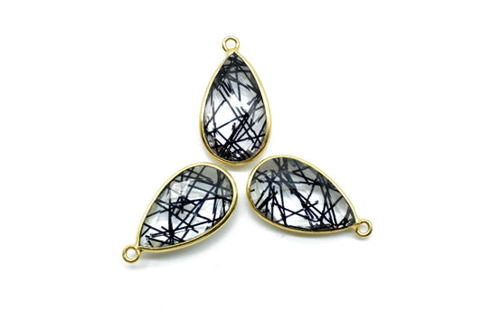Black Rutile 12x20mm Pear shape charm,Rutile Pear pendant,Rutile Gold Plated bezel,jewelry making charm craft,Rutile Birthstone charm,jewels