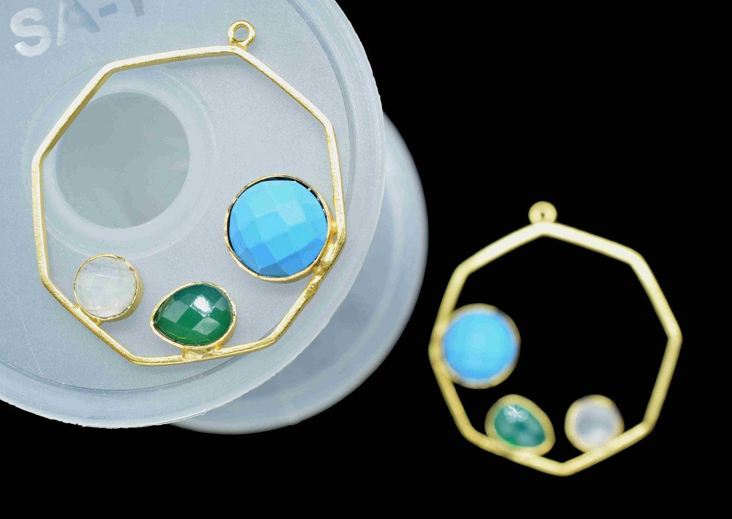 Multi Stone Turquoise Gemstone 10mm Round Shape Pendant,Green Onyx Pendant,Moonstone Faceted Gemstone,Finding Hexagon Shape Jewelry,Gift Her