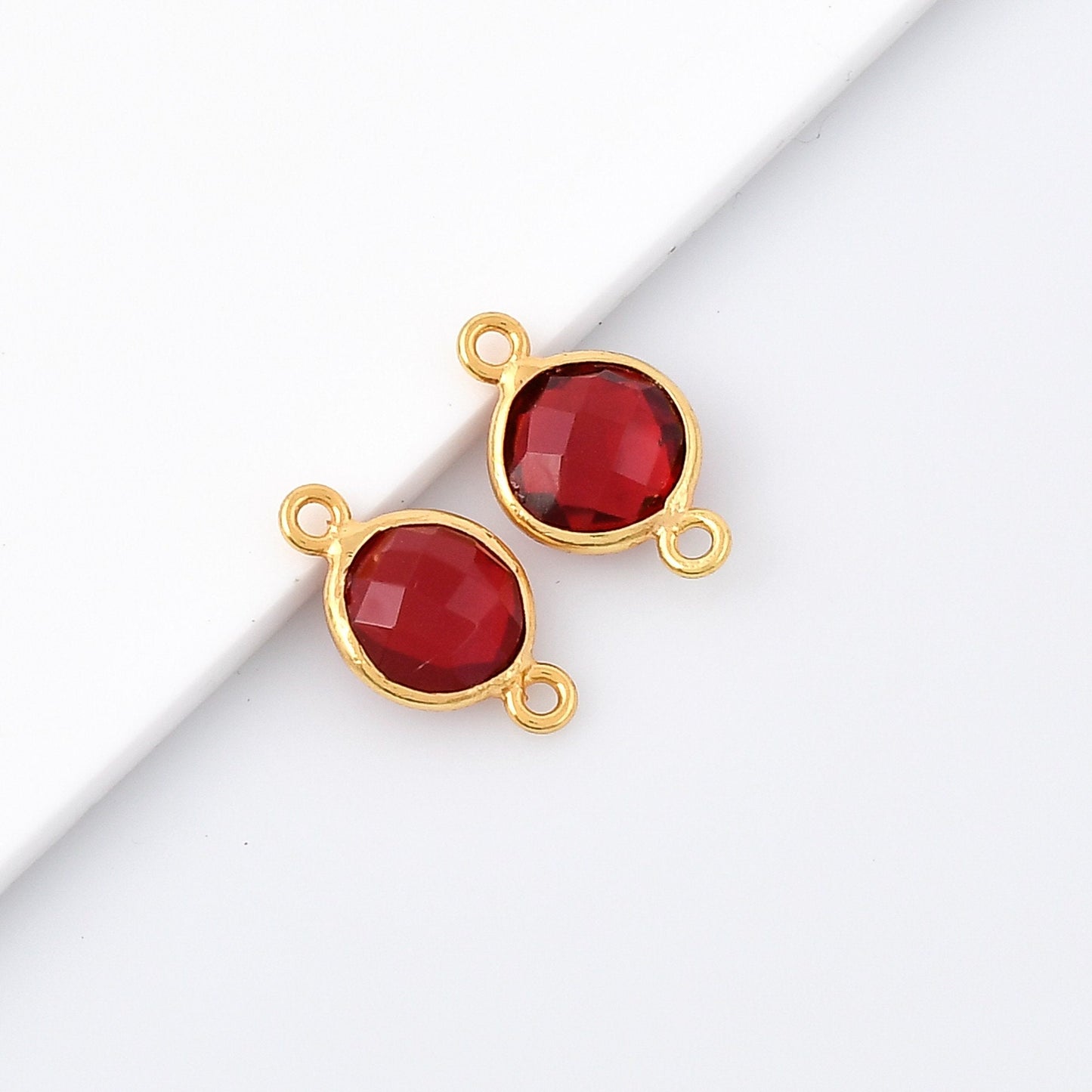 Garnet 8mm Round Bezel,Garnet dual connector charm, Gold Plated bezel,Garnet Bezel,Gold Vermeil Bezel,Garnet jewelry, Gold-Filled bezels