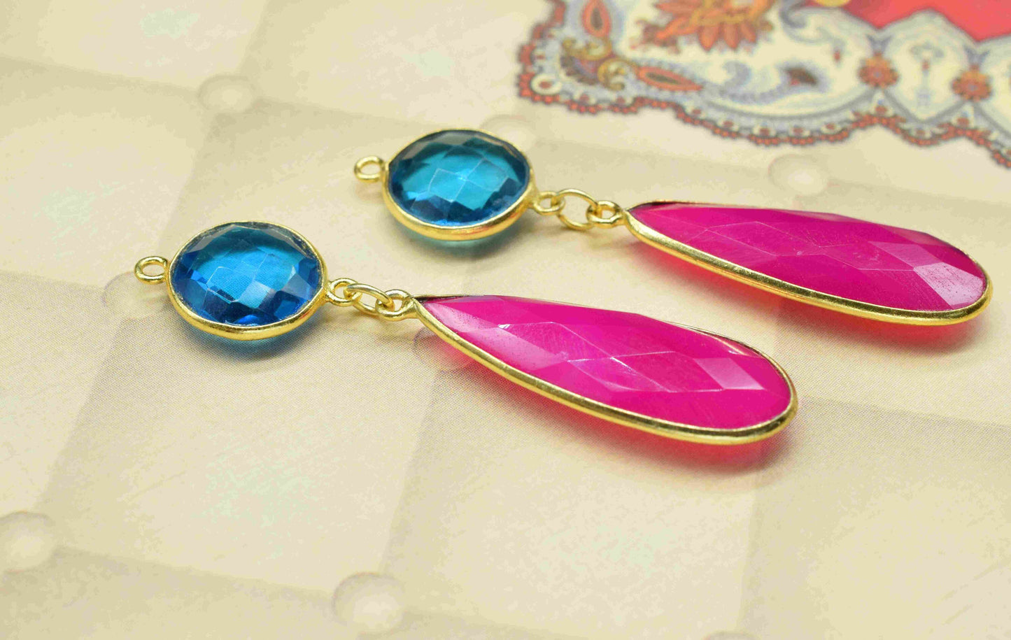 Multi Gemstone Dangle pendant Charms,Pink Chalcedony pendant Connectors,Dangle Earring,Handmade pendant,Station Bezel Link,Component jewelry