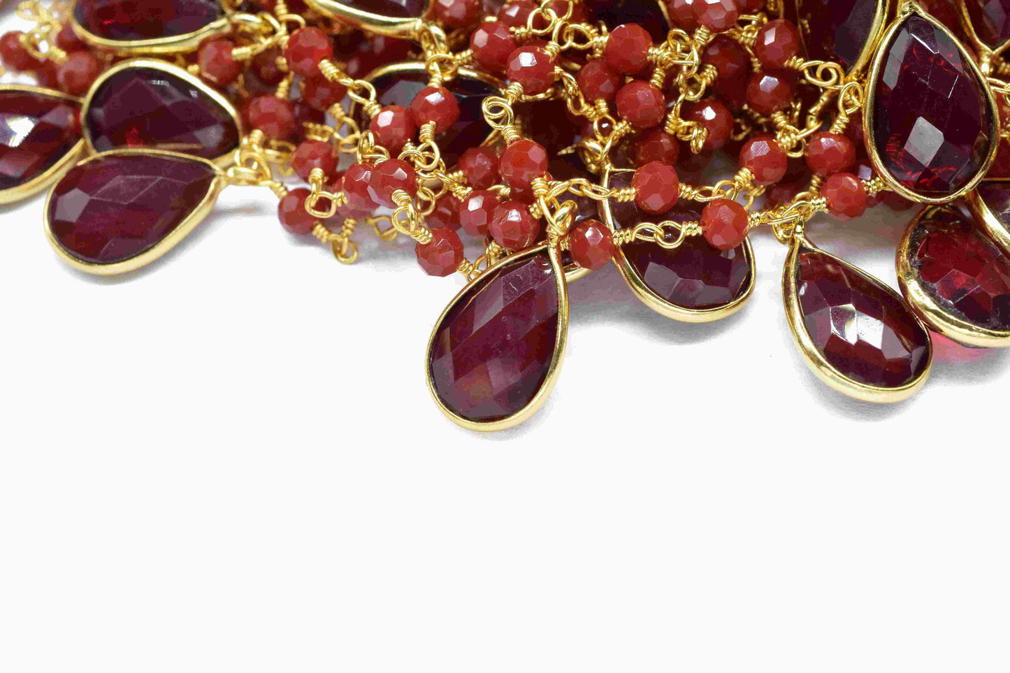 Garnet Gemstone 8x12mm Teardrop Shape Bezel Chain,Ruby Quartz 3mm Beads Chain,Garnet Connector Link Chain,Garnet Connector Chain For Jewelry