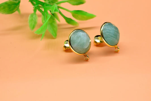 Amazonite 12mm Round Earring Connector,Gemstone Stud Ear Post,Earring Making Connector,Bezel frame Connector,Gemstone Bezel Connector,Studs