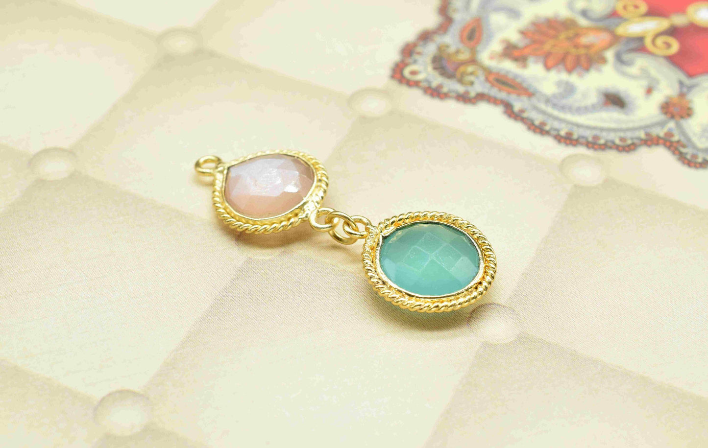 Peach Moonstone  Pendant Charms , Aqua Chalcedony  Dangle Earring Component , Multi Gemstone Dangle Earring , Component Jewelry , B'day Gift