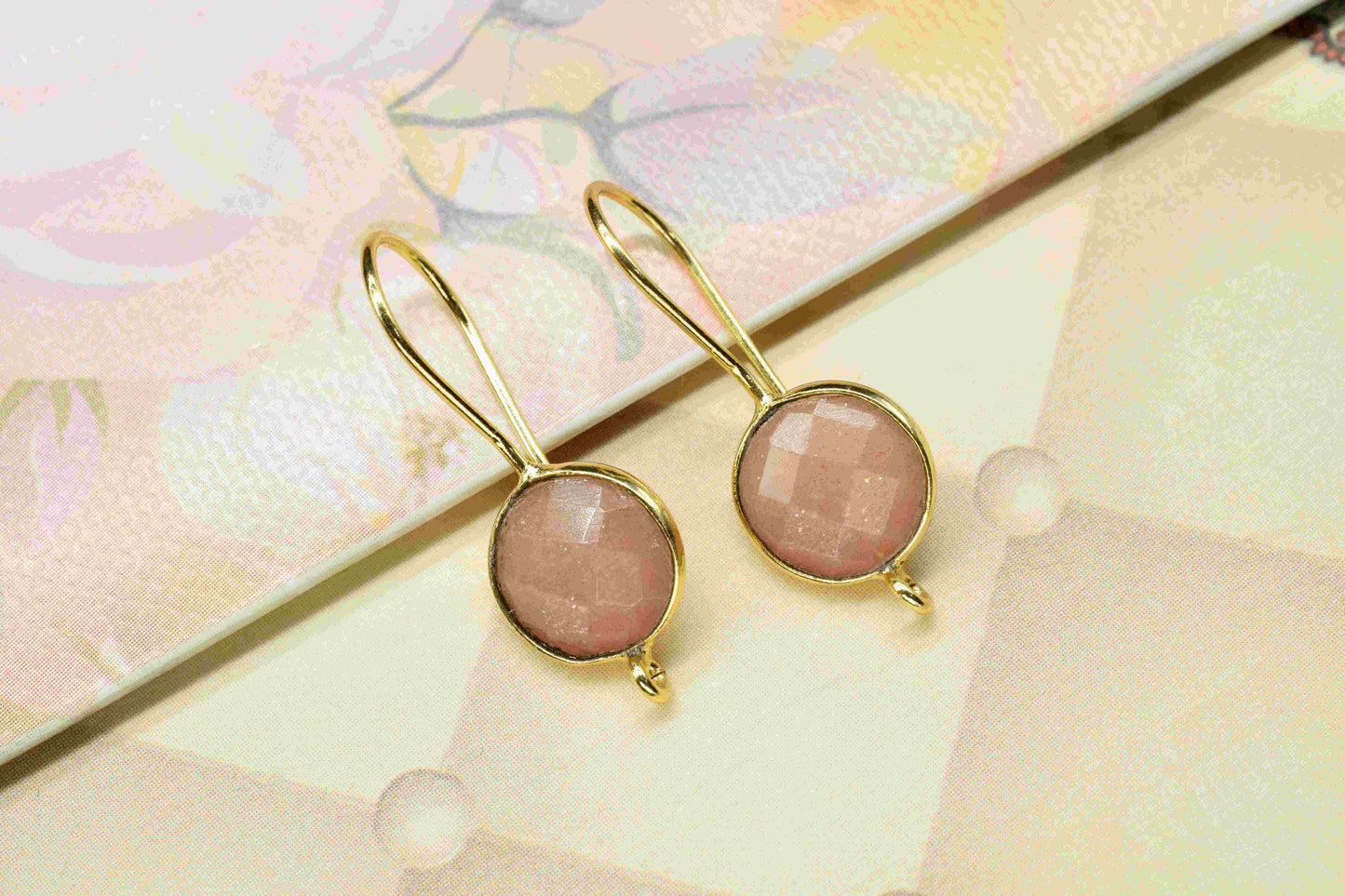 Peach Moonstone  10mm Round Earring,Gemstone Component,Handmade Earring Connector,Peach Moonstone Teardrop Shape Component Jewelry, Gift