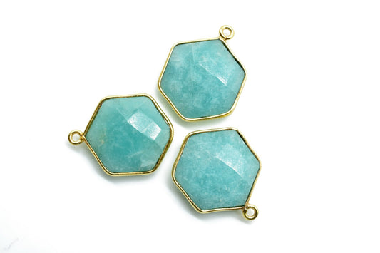 Amazonite 16mm Hexagon Shape Pendant,Gold Plated Single Bail Gemstone Connector,Faceted Hexagon Shape Gemstone Bezel,Hexagon Charm Pendants