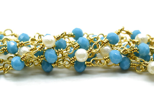 Turquoise Beaded Chain,Turquoise Faceted Beads Wire Wrapped Chain,pearl rosary ,Brass chains,Jewelry Making Chain,Turquoise Beads rosary