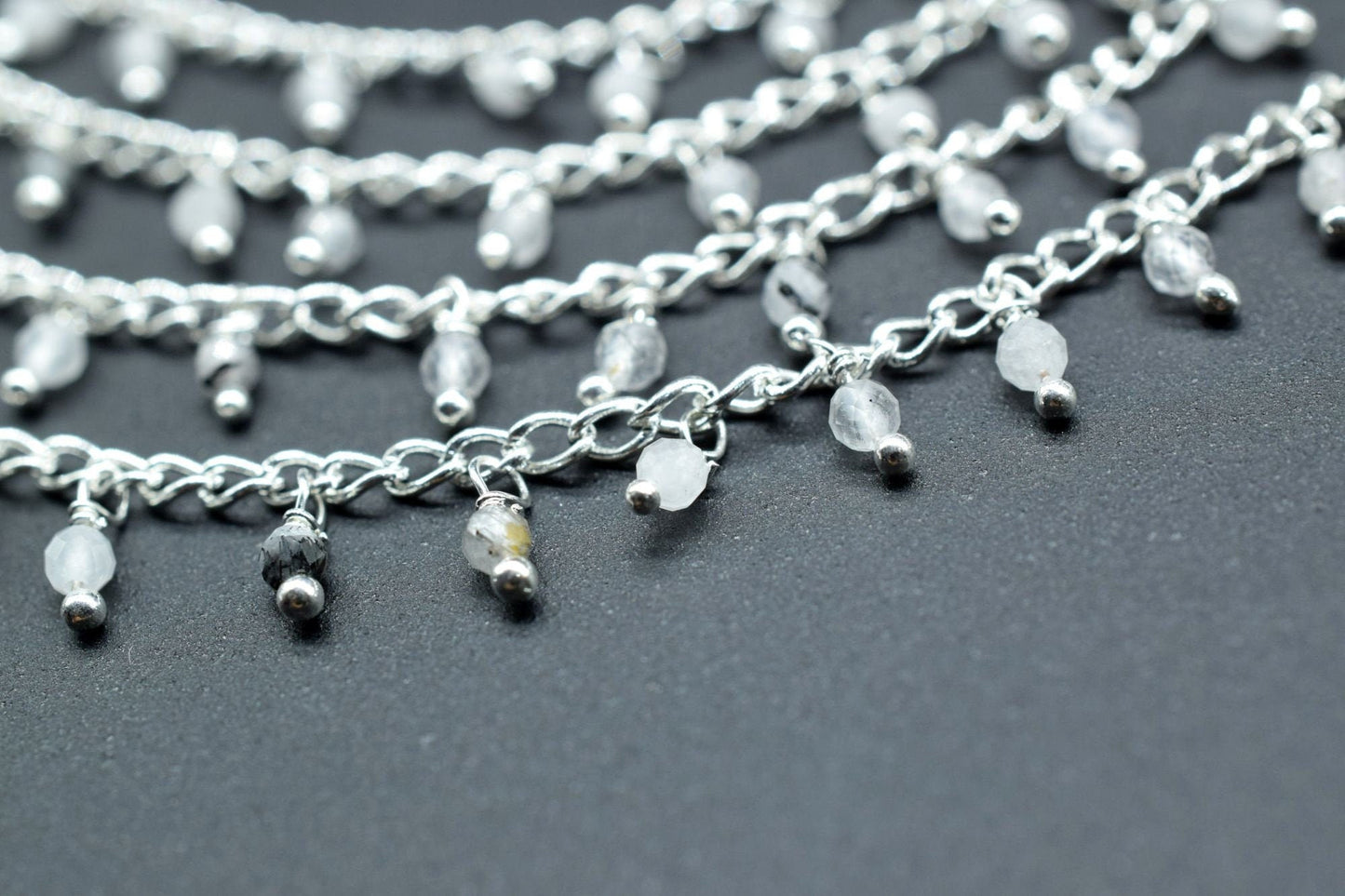 Black rutile 2mm Beaded Chain,Black Rutile Gemstone Rosary Chains, Tourmalated Quartz 3mm Faceted Beads,Rutile Wire Wrapped Rosary Chains