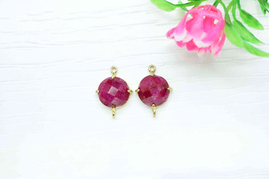 Natural Ruby Round Connector,double bail connector,Natural Ruby Beads jewelry,Handmade Charm,Red Gemstone Bezel,Ruby Prong Bezel Charm,Gift
