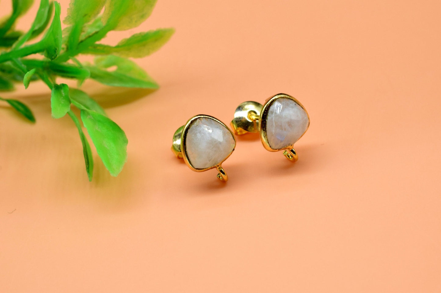 Rainbow Moonstone 8mm Heart Shape Earring Connector,DIY Jewelry Making,Moonstone connectors post stud,June Birthstone,Single Bail Connectors