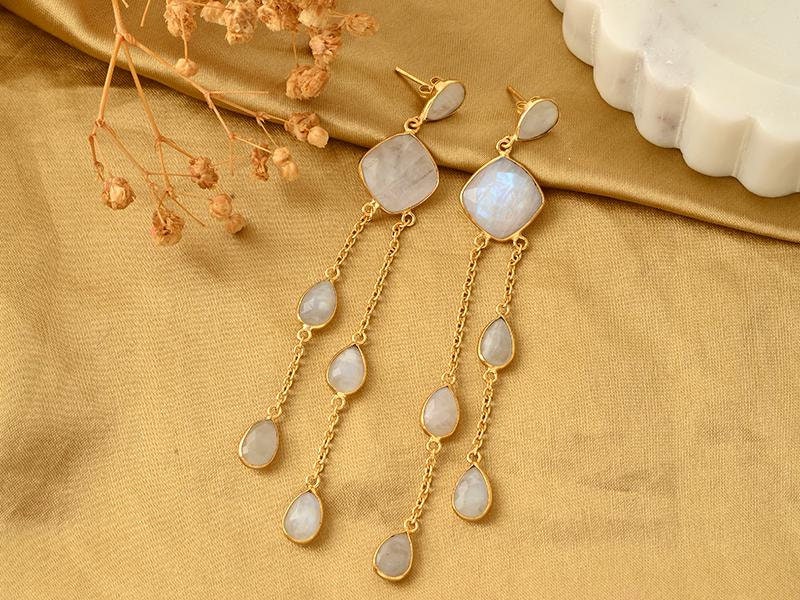 Natural Rainbow Moonstone Dangle Earring/Bridal Earring/Gold Plated Earring/Bridal Jewelry/Statement Earrings For Bridal/Long Earring