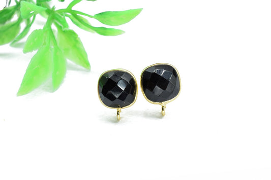 10mm Cushion Shape Earring Connector,Black Gemstone Ear Post Studs,Black Onyx Earring Connectors,DIY Jewelry Making Supply,Cushion Connector