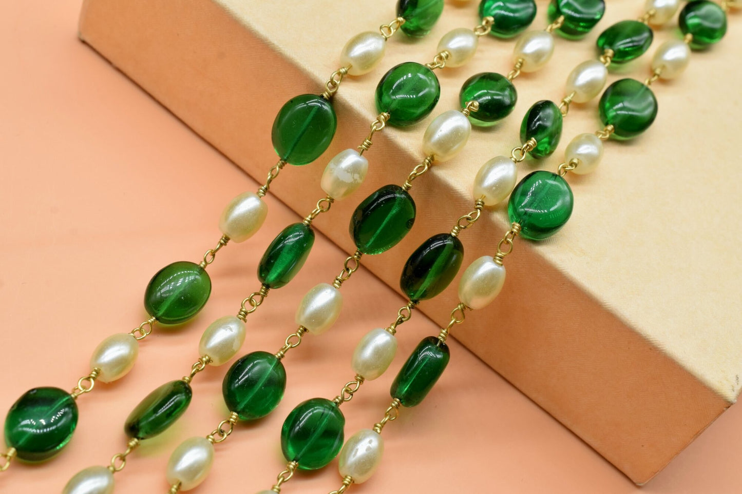 Emerald Quartz Beads Link Chain With White Pearl beads,Gold Plated Rosary Chain,Beaded Chain, Wire Wrapped Rosary Chain,Beaded Chain By Foot
