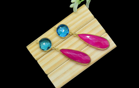 Multi Gemstone Dangle pendant Charms,Pink Chalcedony pendant Connectors,Dangle Earring,Handmade pendant,Station Bezel Link,Component jewelry