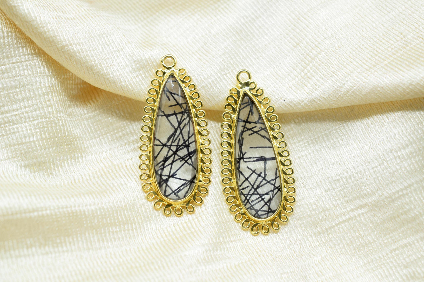 Black Rutile 10x30mm Teardrop Bezel Charm,Single Bail Pendant,Handmade Jewellery Connectors,Gemstone Brass Component,Handmade Connector,Gift