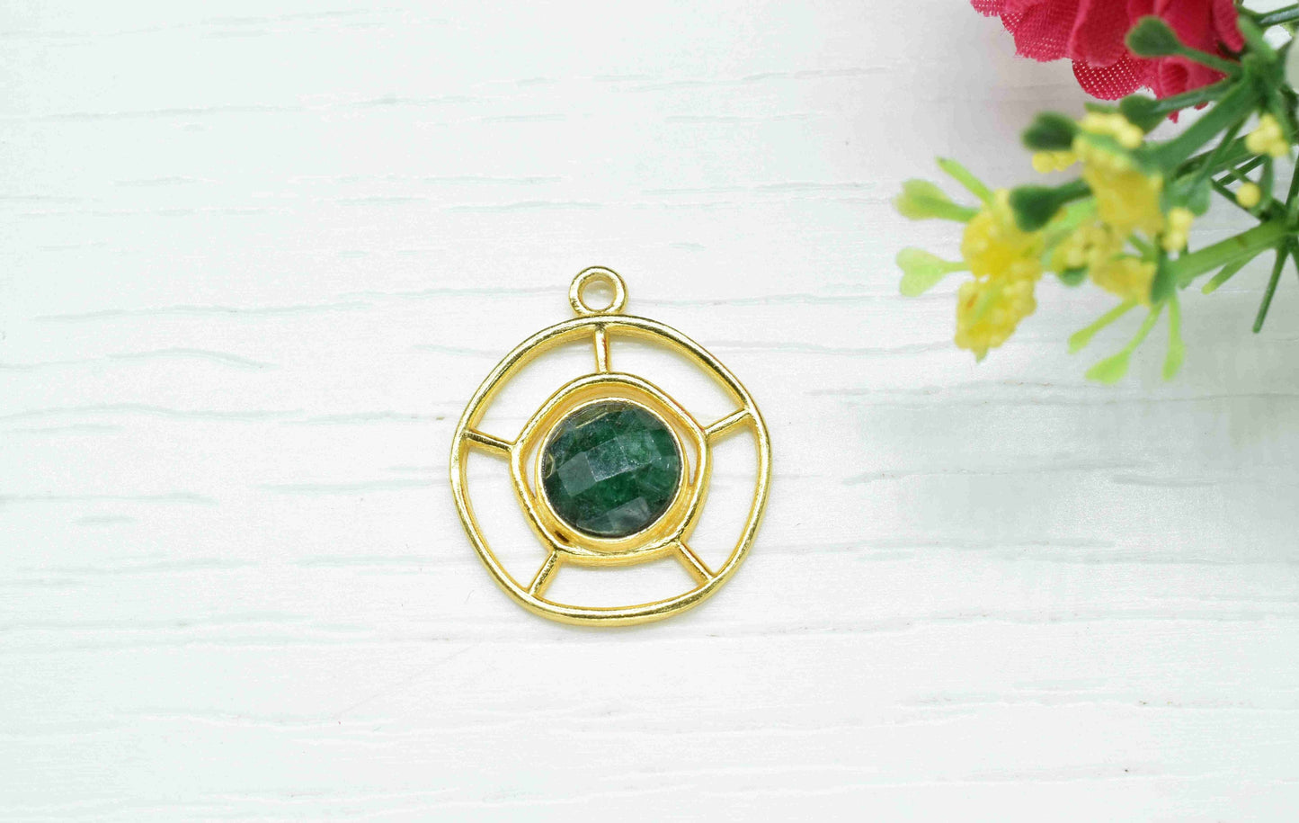 Emerald Gemstone Component , Single Bail Charm , Emerald  Connector Pendant , Gold Plated Connectors , Earring Component , B'day Gift