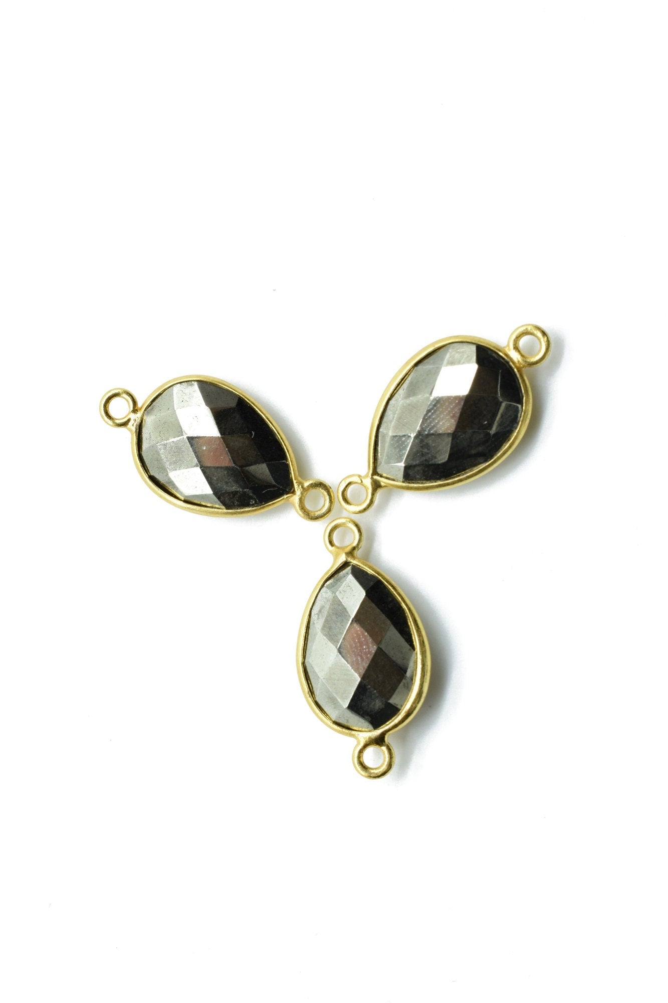 Natural Pyrite 10x14mm Pear Double bail connectors,Pyrite gold connectors,Pyrite Double bail Gold Plated bezel, Pyrite jewelry making charms