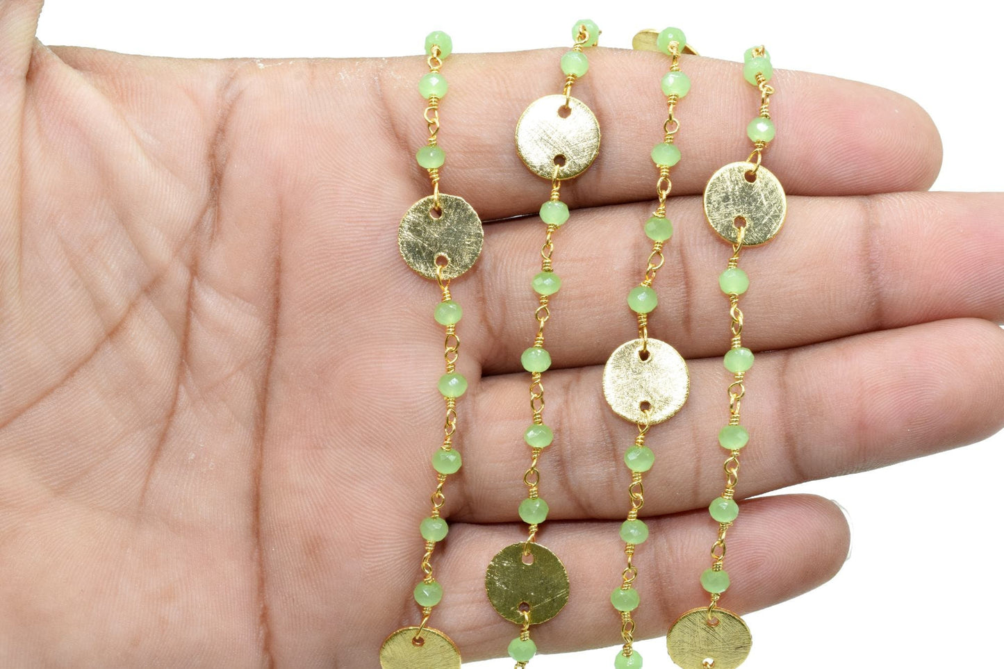 Prehnite 3mm Beaded Chain,Natural Green Prehnite Rondelle Faceted Beaded Rosary Chain,Gold Plated Wire,Jewelry Making,circle charms chain,