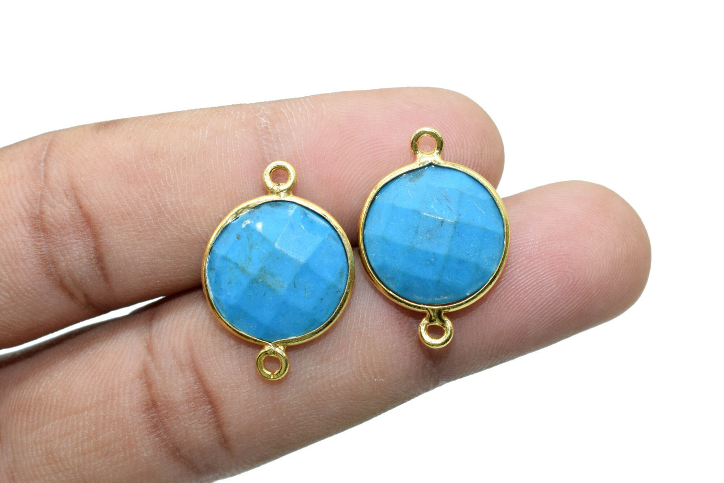 Natural Turquoise 14mm Round double bail connectors,Turquoise Pendant,Faceted Turquoise bezel link,Gemstone Charm,Gemstone Pendant, charms