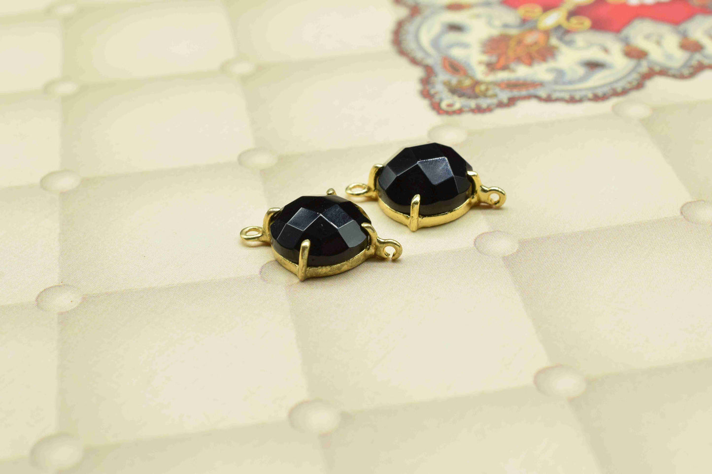 Black Onyx Prong Bezel Charms,Black Onyx double bail connector jewelry,Black Onyx Gemstone Pendant,Black Onyx Faceted 12mm round Shape Bezel