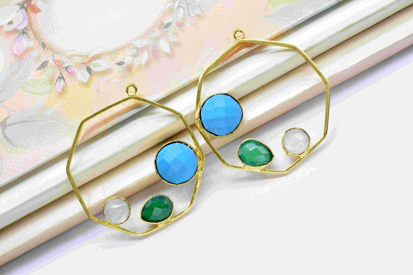 Multi Stone Turquoise Gemstone 10mm Round Shape Pendant,Green Onyx Pendant,Moonstone Faceted Gemstone,Finding Hexagon Shape Jewelry,Gift Her