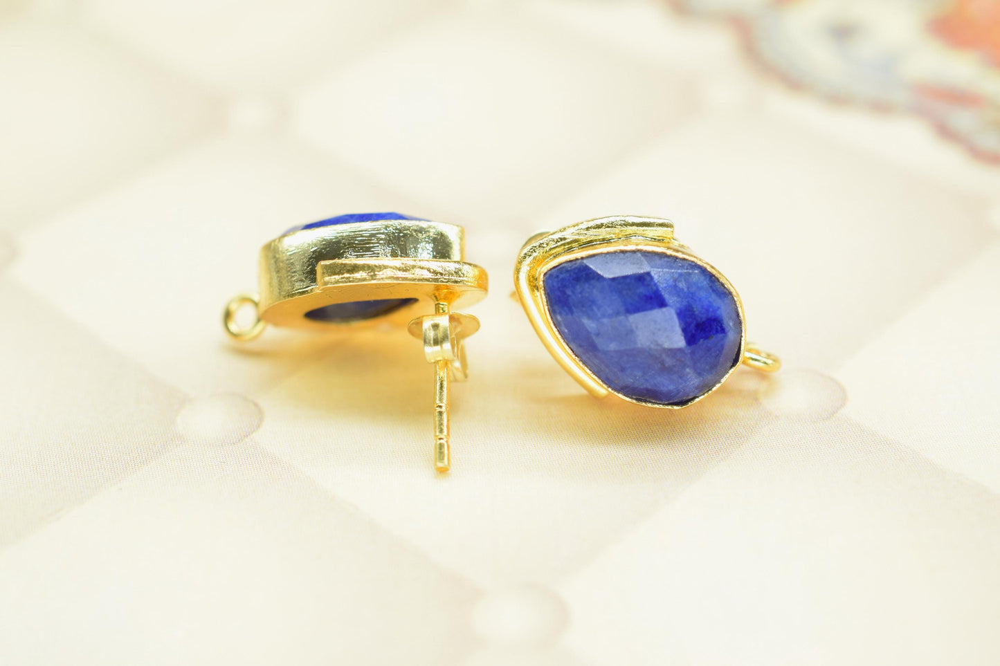 Blue Sapphire Studs Connector/Gold Plated Earring/Handmade Studs/Bezel Set Studs/Teardrop Earring/Women Jewelry/Connector Studs/B'day Gift